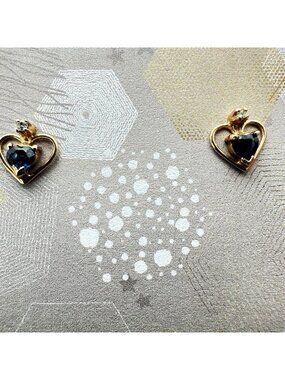 14K Earrings Yellow Gold Blue Sapphire Diamond Heart Pierced Stud